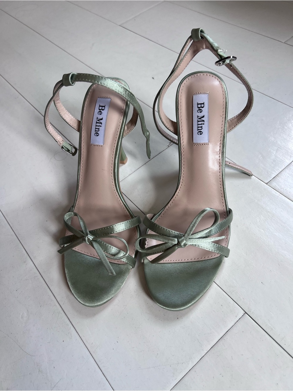 Be mine Pale Green Satin Bow Ankle-Strap Heels
